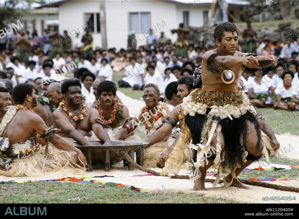 Traditional native kava ceremony at tribal gathering in Fiji, South Pacific.