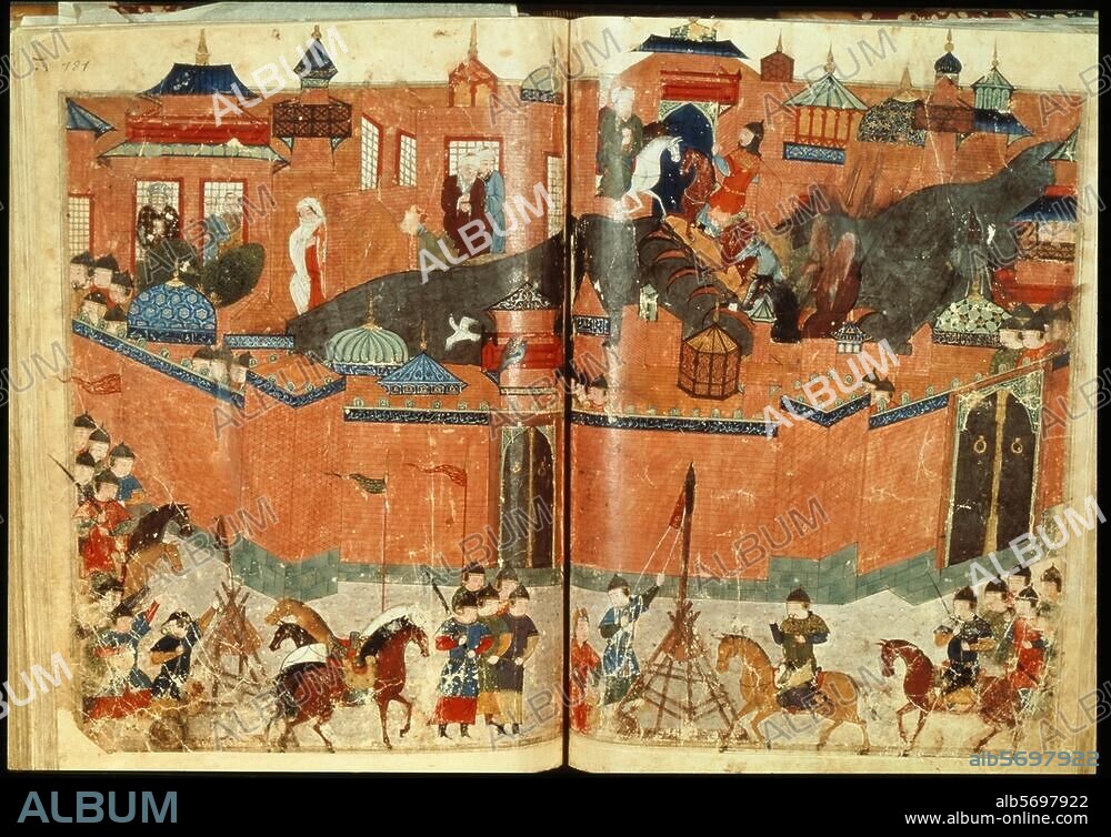 Califat des Abassides 750-1258 / Prise de Bagdad par les armées Mongols du prince Houlagou, petit fils de Gengis Khan, 10 février 1258 (fin du califat). - Dernier épisode du siège de la capitale des Abassides. Miniature persanne. In : Hisoire des Mongols de Rachid al-Din. Suppl. Persan 1113, fol. 180 v / 181 r, Paris, Bibliothèque Nationale.