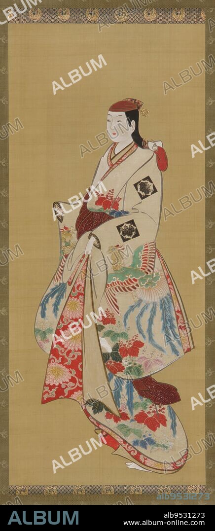 Tall girl; dress patterned with ho-o bird and kiri flowers. Origin: Japan. Period: Edo period. Date: 1615-1868. Ink and color on silk.