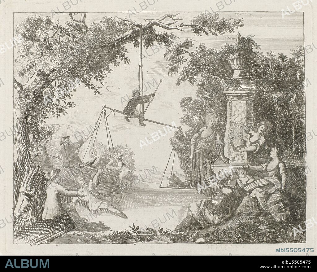 Northern Netherlands, Keeshond and Orange supporters on the scales, 1787, verso - stamped, Allegory in which a small Keeshond (patriots) and Orange supporters are weighed on a scale attached to a tree. The Keeshond tips the scales despite all the Orange supporters' desperate attempts to get the weight on their side. On the Keeshond's side are Freedom, Prudence, Love and Religion at a monument with a portrait of the Amsterdam mayor Hendrik Hooft Danielsz., 1787. The print comes with a small text sheet., print, prints, Frederik Muller History plates, height 192 mm, width 239 mm, print maker, printmaker, 1787 - 1787, paper, papier, etching, engraving, engraving (printing process).