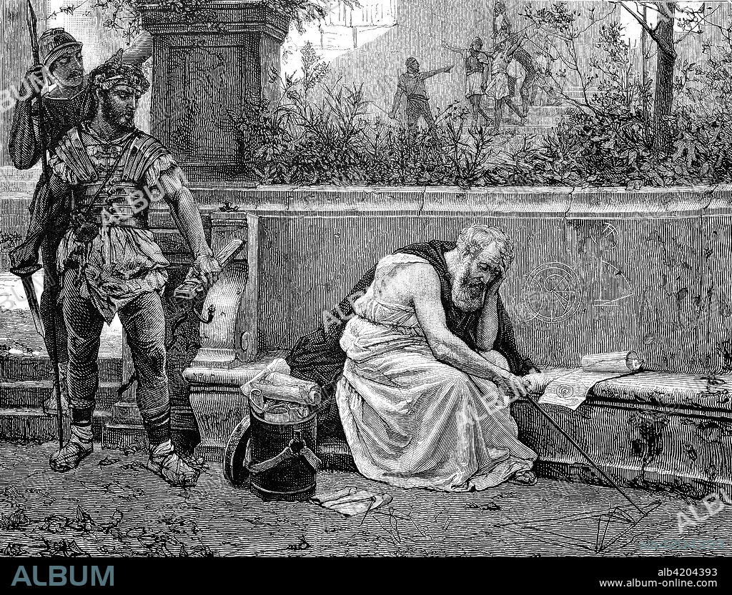 Archimedes of Syracuse, c.287 - c. 212 BC, was a Greek mathematician, physicist, engineer, inventor, and astronomer in the ancient, the last moment before his death by Roman soldiers, Greece, reproduction of an image, woodcut from the year 1881, digital improved.