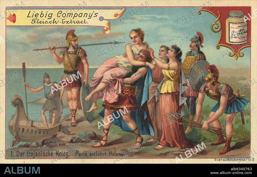 Bilderserie Der Trojanische Krieg, Paris entfºhrt Helena / Image series The Trojan War, Paris kidnaps Helen, Liebigbild, digital improved reproduction of a collectible image from the Liebig company, estimated from 1900, pd / digital restaurierte Reproduktion eines Sammelbildes von ca 1900, gemeinfrei.