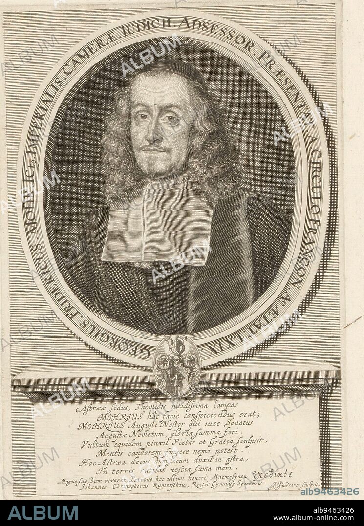 Portrait of Georg Friedrich Mohr, Jakob von Sandrart, 1669, print maker: Jakob von Sandrart, (mentioned on object), Johann Christoph Rumetsch, (attributed to workshop of), 1669, paper, engraving, h 206 mm - w 142 mm.