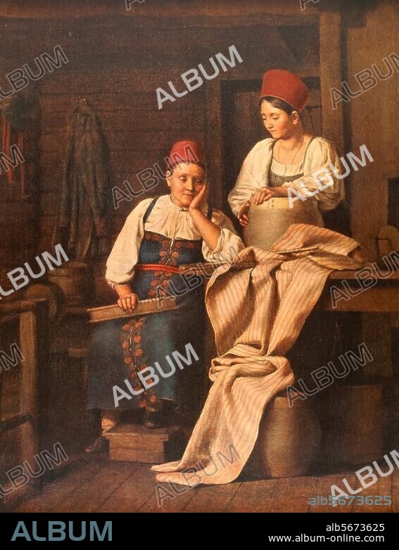 ALEXEJ WASSILJEWITSCH TYRANOW. Tyranov, Alexey Vasilyevich Russian painter, 1808-1859. "Weavers" (two women in conversation at a loom), 1826. Oil on canvas, 54 × 42.2cm. (previously attributed to Alexey Gavrilovich Venetsianov). Moscow, Tretjakov Gallery.