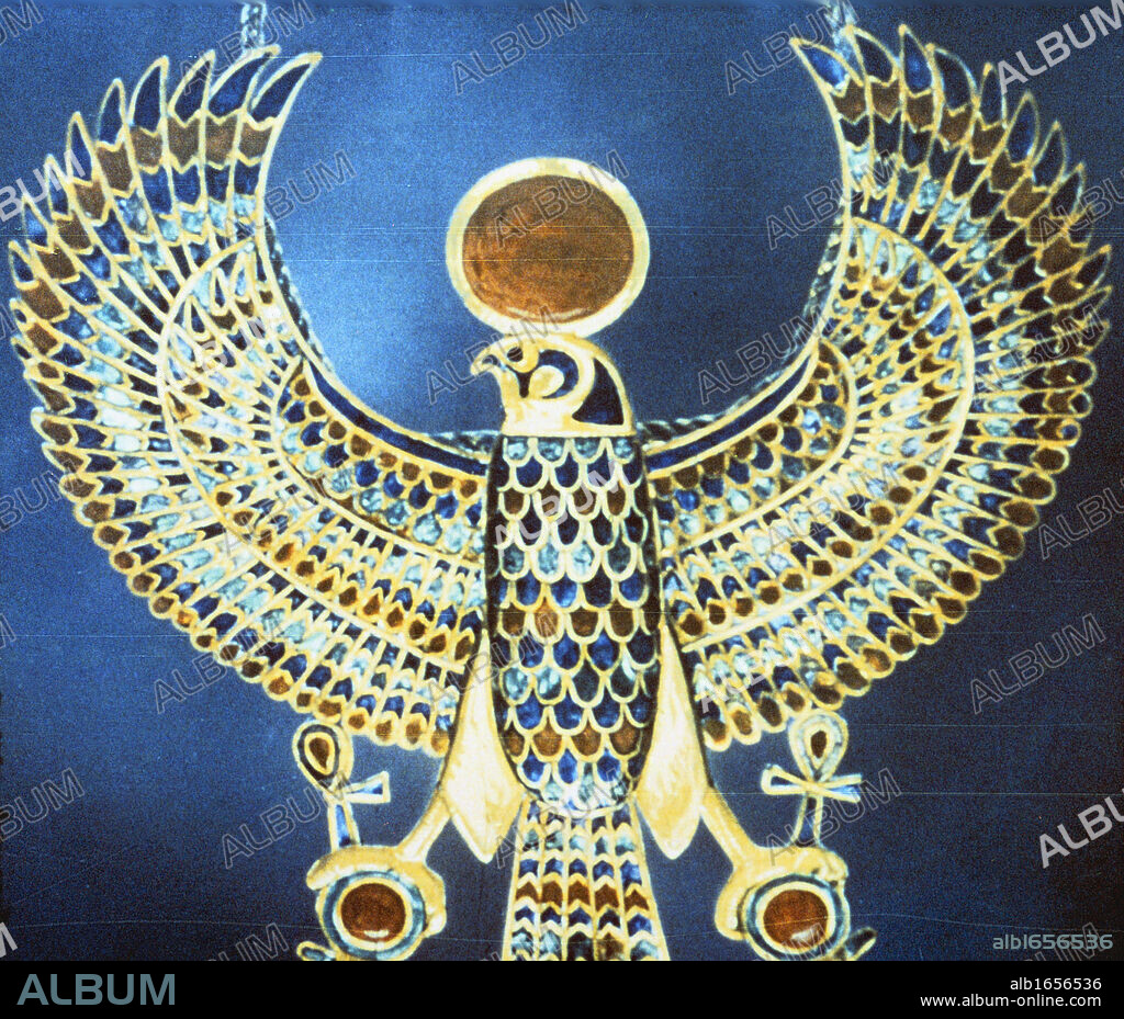 Treasure of Tutankhamun (dc1340 BC): Pectoral jewel of gold, semi-precious stone and faience showing Horus, falcon-headed god crowned with sun disc with ankh, symbol of life, attached to each claw. Once great sky and sun-god, became combined with Horus the son of Isis and Osiris. Cairo Museum, Egypt.