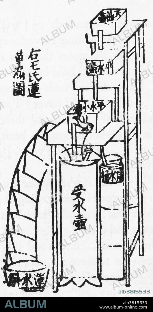 The oldest printed illustration of a water clock (clepsydras) in any culture, from a Sung edition of the Liu Ching T'u of Yang Chia (c A.D. 1155), enlarged by Mao Pang-Han (c. A.D. 1170). This is "Mr. Wang's lotus clepsydra", i.e., the design of Wang P'u (c. 1135), which includes an overflow tank and an occlusive indicator-rod.