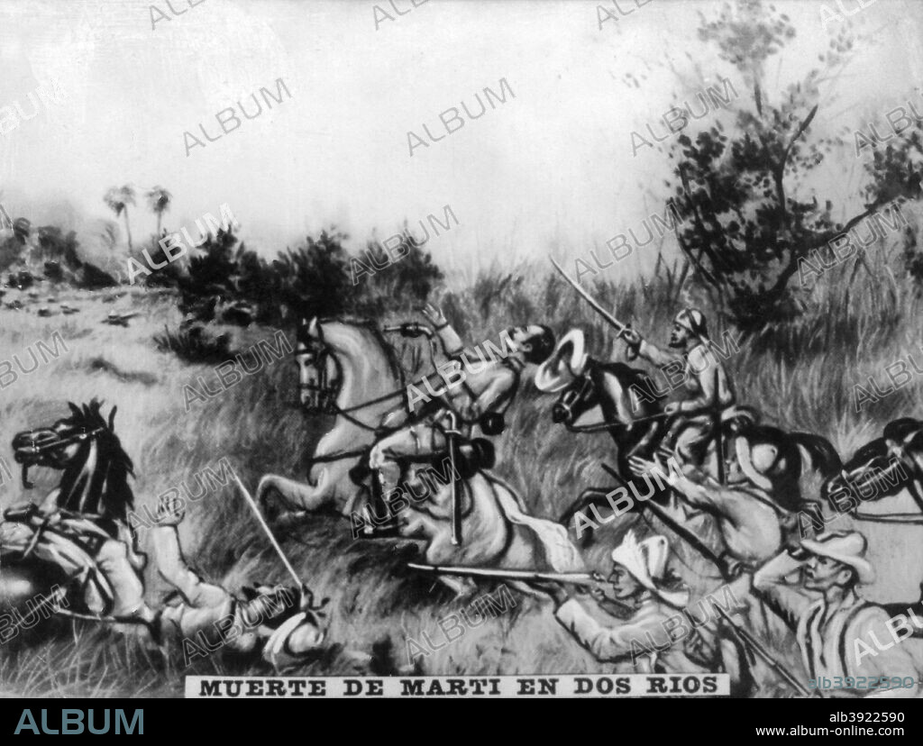 Death of Marti in the  Two Rivers(Dos  Rivers). Marti perished in the battle of the  'Two Rivers', on 19th May 1895 and buried without a coffin in the  cemetery of Remanganaguas. After he was exhumed, and buried in Santiago de Cuba.Cigar card from the History of Cuba, Geografico Universal, Propaganda de los Cigarros Susini y La Corona, Tabacalera Cubana.