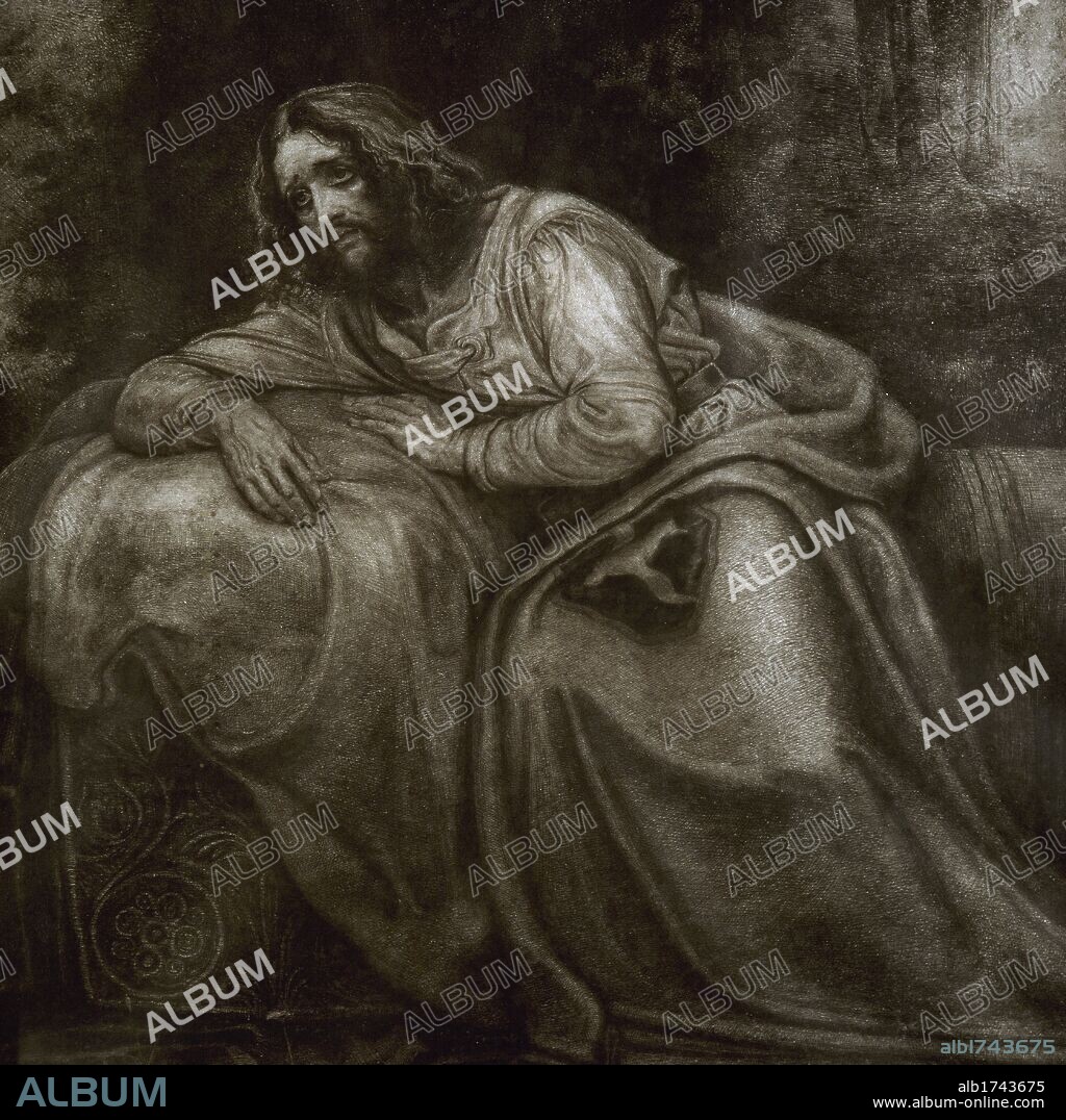 ARTE SIGLO XIX. ESPAÑA. EGUSQUIZA, Rogelio de (Santander, 1845-1915). Pintor español influído por Bonnat en París y por Fortuny y los hermanos Madrazo en España. Orientó su obra hacia temas wagnerianos. "REY ANFORTAS", aguafuerte con la representación del guardián del Santo Grial en la ópera "Parsifal", de Richard Wagner.