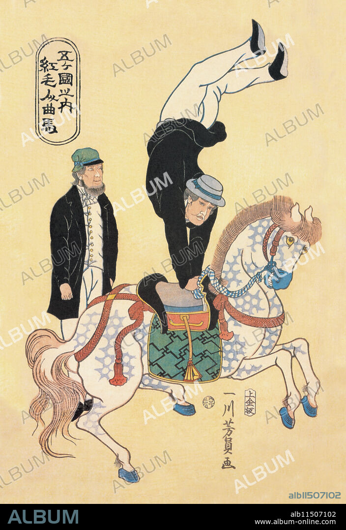 Dutch Acrobats from the series of Five Countries (Komojin yûba), published by Jôshûya Kinzô, Late Edo period, third month of 1861 on a  Japanese print.  A great depiction two foreigners with a horse.  One is doing an acrobatic handstand on the saddle.  Created by Utagawa Yoshikazu (active 1850-1870).
