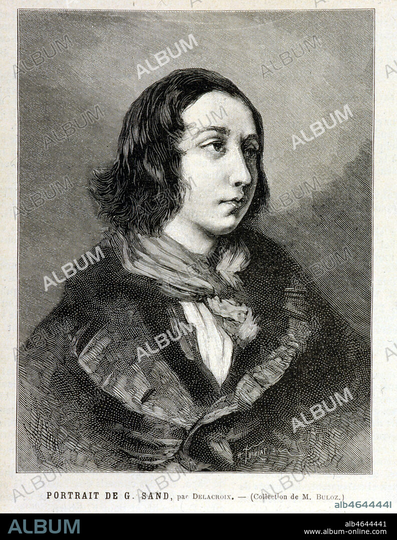 Reproduction d'un portrait de George Sand (1804-1876) réalisé par Eugène Delacroix (1798-1863) en 1831. Credit : Collection Grob/KHARBINE-TAPABOR.