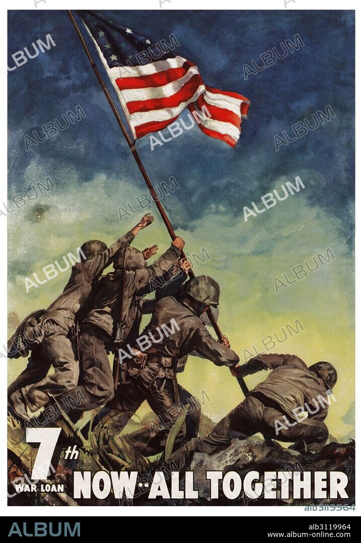 American WWII propaganda poster for the 7th War Loan. Shows Marines hoisting an American flag in Iwo Jima.