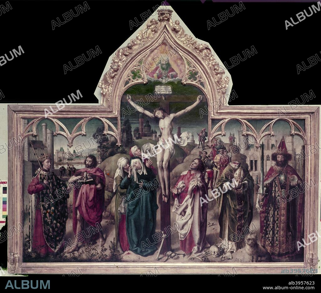 Altarpiece of the Parliament of Paris, c1452. Left: St Louis (Louis IX of France) with a tabard of fleur-de-lys and John the Baptist. Right: Charlemagne and St Denis (carrying his head). Centre: Christ crucified watched by the three Marys and St John the Apostle. Centre background: Montmartre where St Denis was beheaded. The dog represents the fidelity of Parliament to the monarchy. The bones at Golgotha are a memento mori. God surveys all from above. From the Musee du Louvre, Paris.
