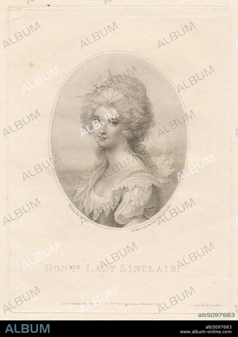 Lady Sinclair, Print made by Marino Bovi, Italian, 1758ca.1805, Italian, after Richard Cosway, 17421821, British, Printed by W. Leaton, active 1791, Published by Marino Bovi, Italian, 1758ca.1805, Italian, 1791, Stipple engraving on moderately thick, moderately textured, cream laid paper, Sheet: 12 7/16 x 9 1/16 inches (31.6 x 23 cm), Plate: 8 9/16 x 6 1/4 inches (21.7 x 15.9 cm), and Image: 5 1/16 x 4 inches (12.8 x 10.1 cm), beads, cap, curls, dress, headpiece, lace, nobility, oval, pearls, portrait, trim, woman.
