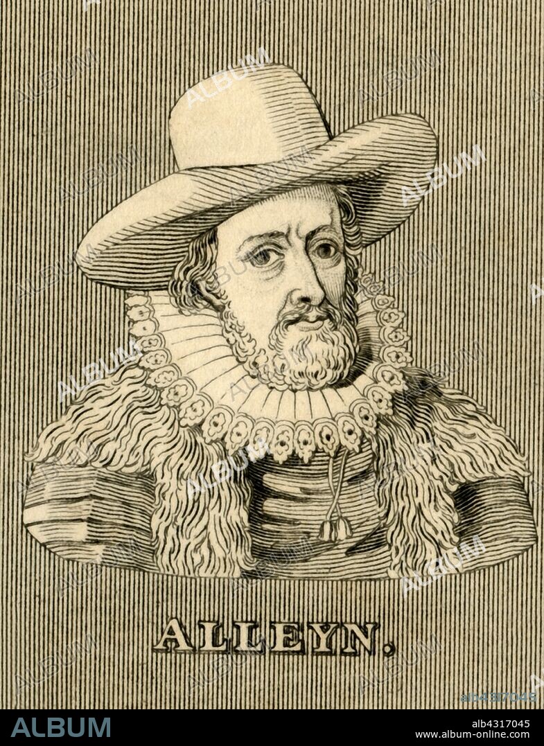 'Alleyn', (1566-1626), 1830.  Edward Alleyn (1566-1626), English actor and a major figure of  Elizabethan theatre.  Founder of Dulwich College and Alleyn's School.  From "Biographical Illustrations", by Alfred Howard. [Thomas Tegg, R. Griffin and Co., J. Cumming, London, Glasgow and Dublin, 1830].