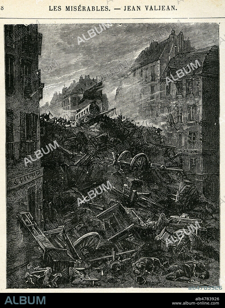 La Barricade du Faubourg Saint-Antoine a Paris en juin 1848. "La barricade St-Antoine etait monstrueuse, elle etait haute de trois etages et large de sept cents pieds...Des charrettes renversees accidentaient le talus;un immense haquet y etait etale, en travers, l'essieu vers le ciel, et semblait une balafre sur cet facade tumultueuse;un omnibus, hisse gaiement a force de bras tout au sommet de l'entassement, comme si les architectes de cette sauvagerie eussent voulu ajouter la gaminerie a l'epouvante,offrait son timon detele a je ne sais quels chevaux de l'air" Gravure par Leon BENETT pour Les Miserables - 5e partie, Jean Valjean. Edit. Librair. Paul Ollendorff, vers 1880. Credit Collection KHARBINE TAPABOR.