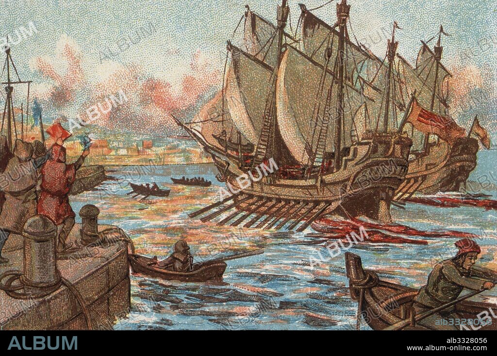 Historia de España. Llegada a Mesina en 1302 de las galeras catalanas al mando de Roger de Flor (1266-1305), capitán de los almogávares, en defensa de los dominios de Sicilia ante las pretensiones de la Caja de Anjou.