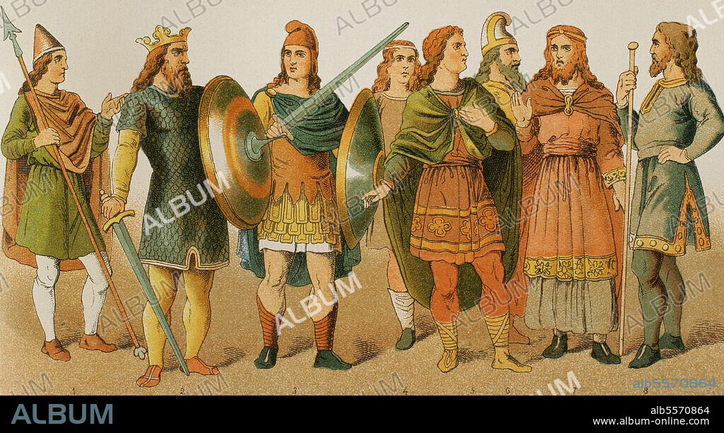 Anglosajones (500-1000). De izquierda a derecha, 1: Guerrero, 2: Rey (750), 3: Guerrero, 4,5,6,7 y 8: Nobles. Cromolitografía. Historia Universal, por César Cantú. Tomo IV. Publicado en Barcelona, 1881.