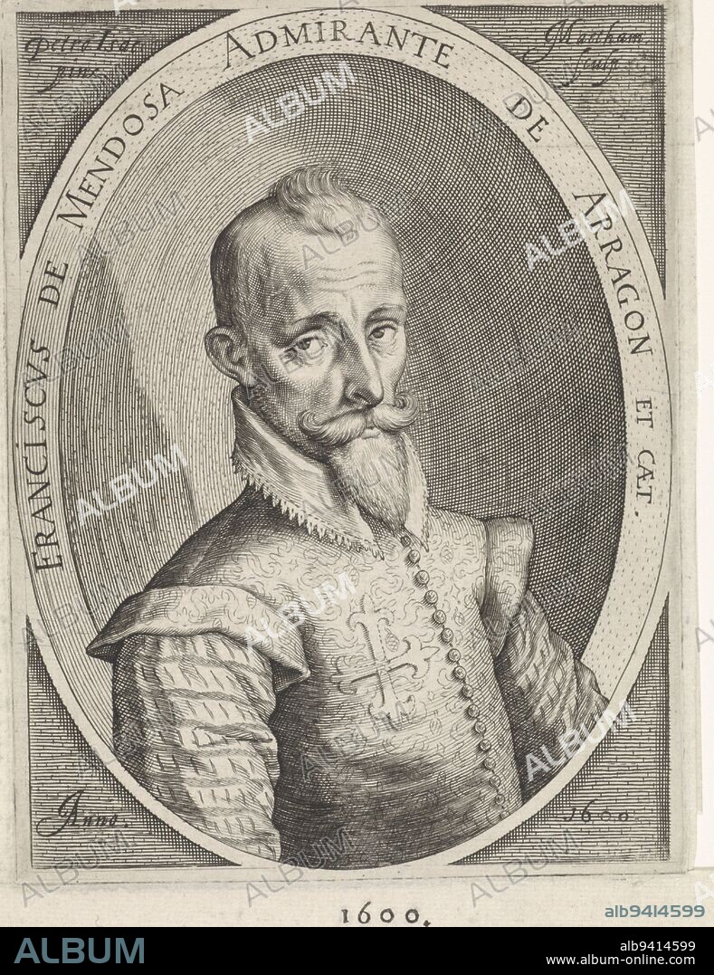 Portrait of Francisco Hurtado de Mendoza (1545- 1623), Admiral of Aragon, Spanish general in the 80 Years' War. Bust to right, a cross on chest, in oval with edge lettering. Bottom center a two-line verse in two columns in letterpress, Portrait Francisco Hurtado de Mendoza, print maker: Jacob Matham, (mentioned on object), after: Pieter Isaacsz., (mentioned on object), Haarlem, 1600, paper, engraving, letterpress printing, h 250 mm × w 167 mm.