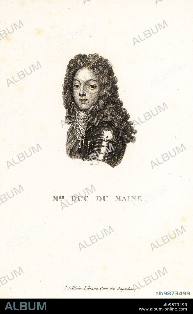 Louis-Auguste de Bourbon, duc du Maine, 1670-1736. Favourite and illegitimate son of King Louis XIV and his official mistress, Madame de Montespan. Mgr. Duc du Maine. Copperplate engraving by D after Francois de Troy fom Marie de Rabutin-Chantal Sevignes Collection des Vingt Portraits du Siecle de Louis XIV, Collection of 20 Portraits of the century of King Louis XIV, J.J. Blaise, Libraire, Quai des Augustins, Paris, 1818.