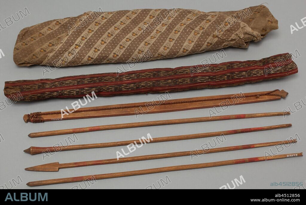Potawatomi, Native American, Miniature Bow and Arrows, ca. 1870, cotton, cord, wood, and pigment, Overall: 13 1/4 × 2 × 1 1/8 inches (33.7 × 5.1 × 2.9 cm).