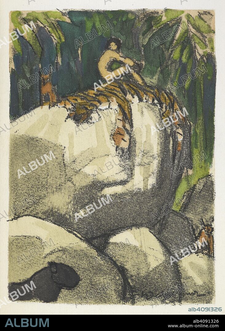RUDYARD KIPLING. Mowgli having killed Shere Khan, puts Shere Khan's hide upon the wolf pack's council rock. Le Second livre de la Jungle. Traduction de Louis Fabulet et Robert d'HumieÌ€res. Paris, [1899]. Source: File 617 opposite page 92.