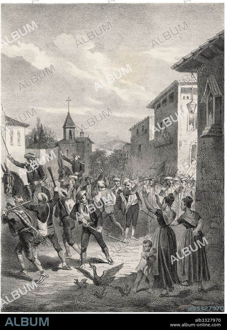 Historia de España. El cabecilla Narcís Abrés (1792-1827), militar y guerrillero alimentando la insurrección carlista en Llagostera en septiembre de 1827. Grabado de 1880.