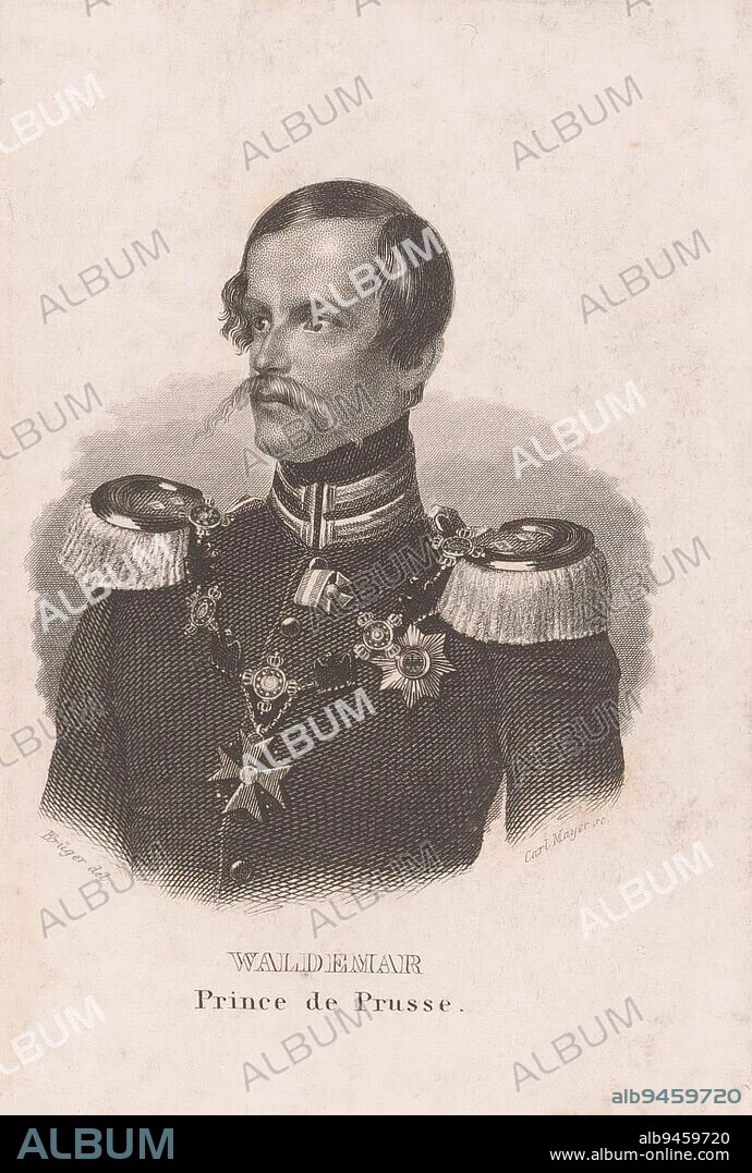 Portrait of Friedrich Wilhelm Waldemar von Preussen, Carl Mayer, after Arthur F. Krüger, 1847, print maker: Carl Mayer, (mentioned on object), intermediary draughtsman: Krüger, (mentioned on object), Neurenberg, 1847, paper, steel engraving, h 107 mm - w 72 mm.