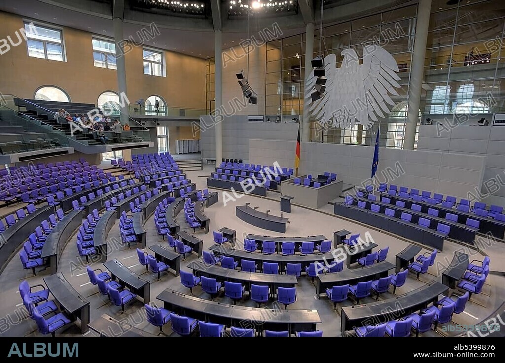 Empty plenary hall with a small group of visitors, German Bundestag parliament, Berlin, Germany, Europe.