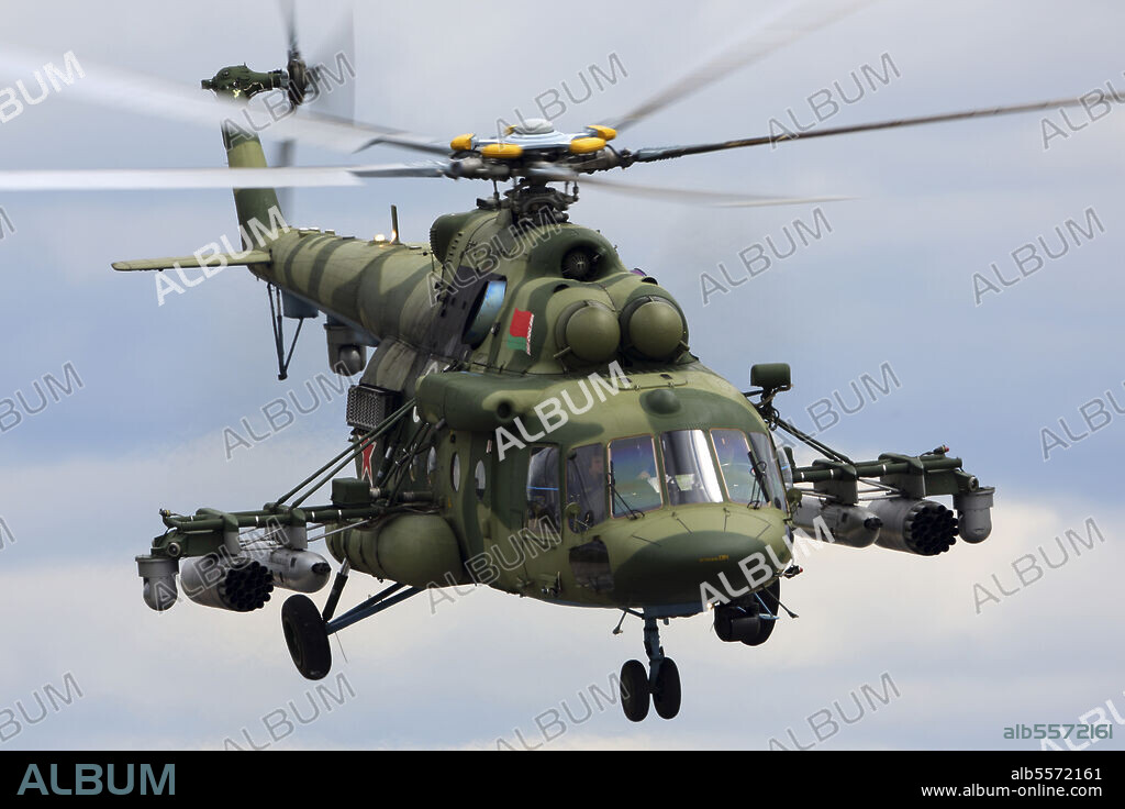 Mil Mi-8MTV-5 military helicopter of the Belarus Air Force taking off during Aviadarts 2019 exercise in Russia.