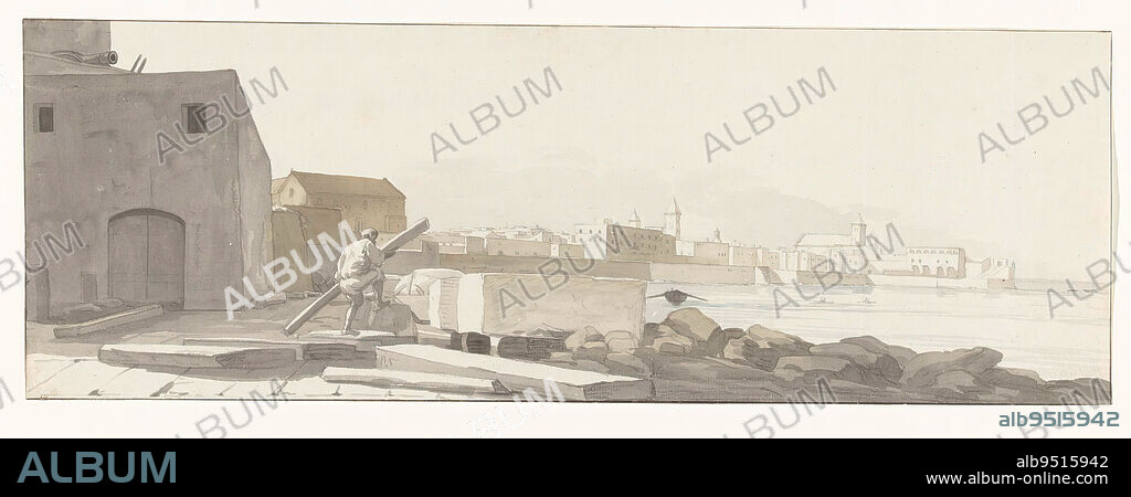 View of the port of Bari with the quay, Louis Ducros, 1778, Drawing from the album 'Voyage en Italie, en Sicile et à Malte', 1778., draughtsman: Louis Ducros, 1778, paper, brush, h 184 mm × w 525 mm.