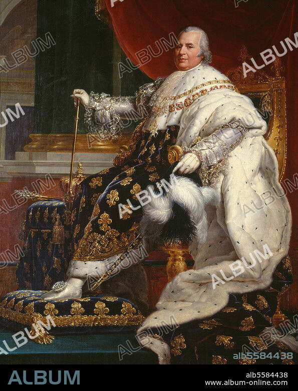 Louis XVIII, King of France and Navarre. (1814/15-24); Versailles 17.11.1775-Paris 16.9.1824. "Louis XVIII, roi de France". Painting, 1814, by François Gérard. (1770-1837). Oil on canvas, 32 × 23cm. Collection Marquis de Breteuil.