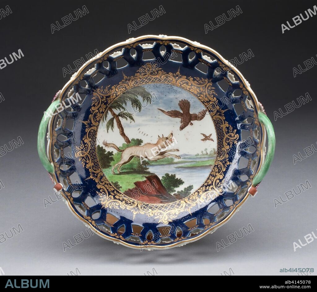 WORCESTER ROYAL PORCELAIN COMPANY. Basket. Worcester Porcelain Factory; Worcester, England, founded 1751. Date: 1763-1773. Dimensions: H. 7.5 cm (3 in.); diam. 20.8 cm (7 3/4 in.). Soft-paste porcelain, underglaze blue, polychrome enamels and gilding. Origin: Worcester.