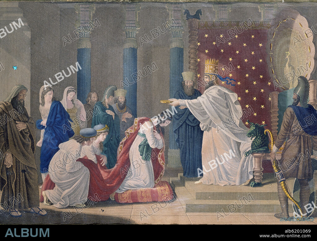 LA CORONACION DE ESTER - GRABADO SIGLO XIX.
