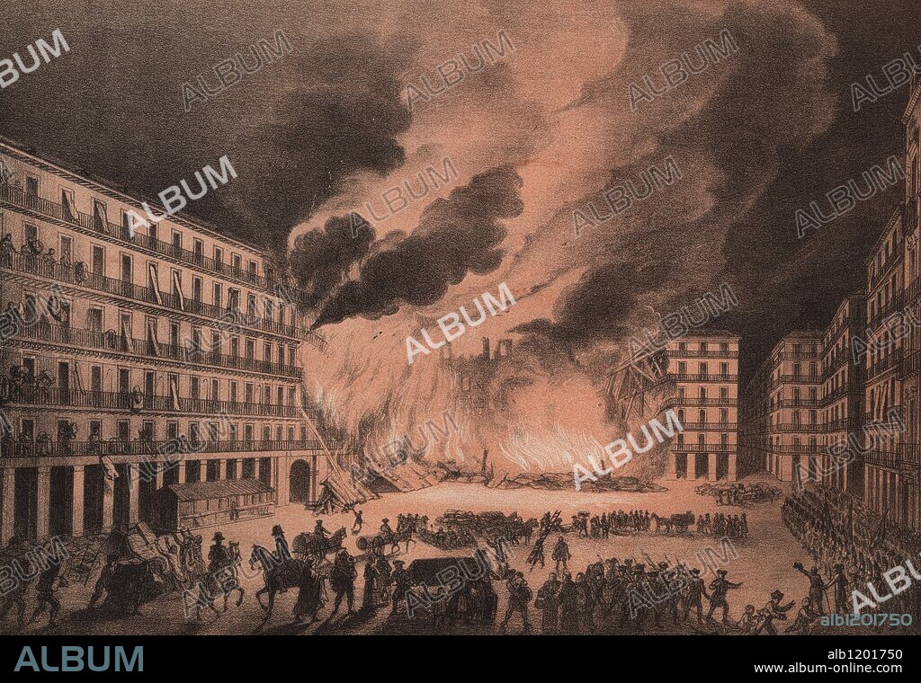 Plaza Mayor de Madrid en la noche de 16 de Agosto de 1790 cuando fue destruída por un incendio.