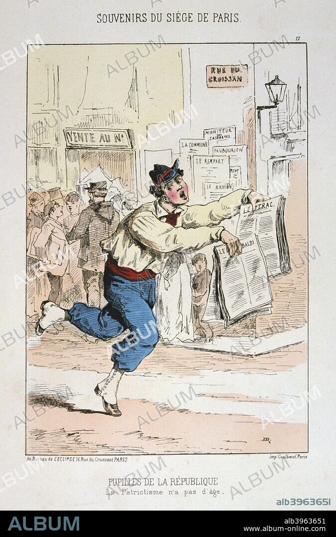 'Pupilles de la Republique', Siege of Paris, 1870-1871. Print from a series titled Souvenirs du Siege de Paris. After the disastrous defeat of the French at Sedan and the capture of Napoleon III, the Prussians surrounded Paris on 9 September 1870. The city held out despite famine and great hardship until a bombardment with heavy siege guns led to its surrender on 28 January 1871. From a private collection.