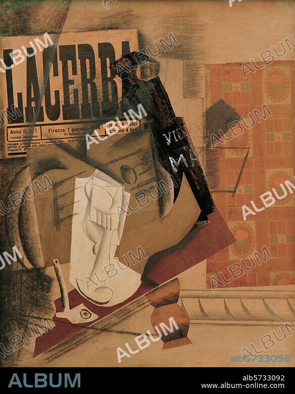 PABLO PICASSO. Picasso, Pablo 1881-1973. "Pipe, Glass, Newspaper, Guitar and Brandy Bottle (Lacerba) ", Spring. 1914. Papiers collés, oil and black chalk on canvas, 72 × 58.5cm. Solomon R. Guggenheim Foundation. Venice, Peggy Guggenheim Collection.