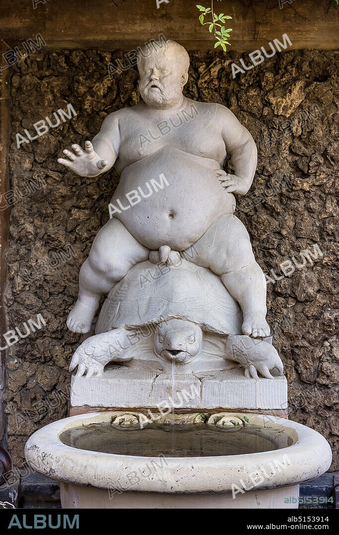 Florence, Boboli Gardens: copy of the fountain of Bacchino which represents the fat dwarf Morgante, who was the most popular dwarf at the court of Cosimo I Medici. The dwarf was portrayed naked and riding a tortoise by Valerio Cioli (1560).