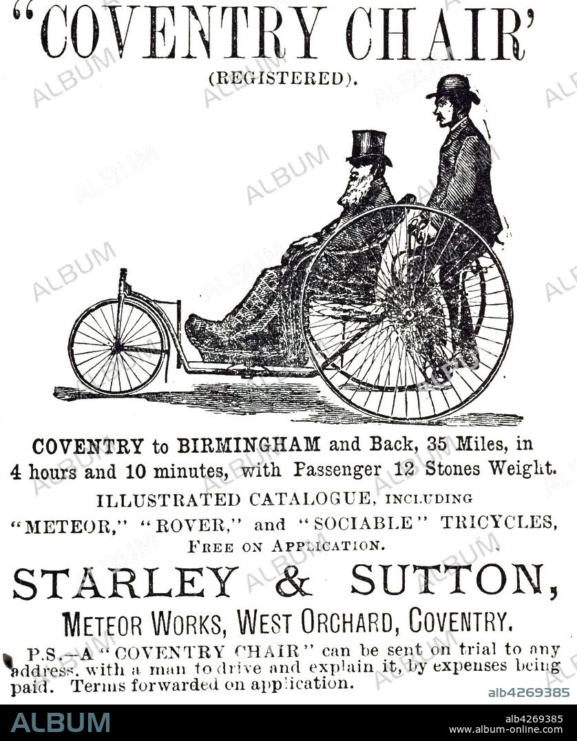 An advertisement for the "Coventry Chair" - Coventry to Birmingham and back in 4 hours and 10 minutes. The tricycle would transport an invalid. Dated 19th century.