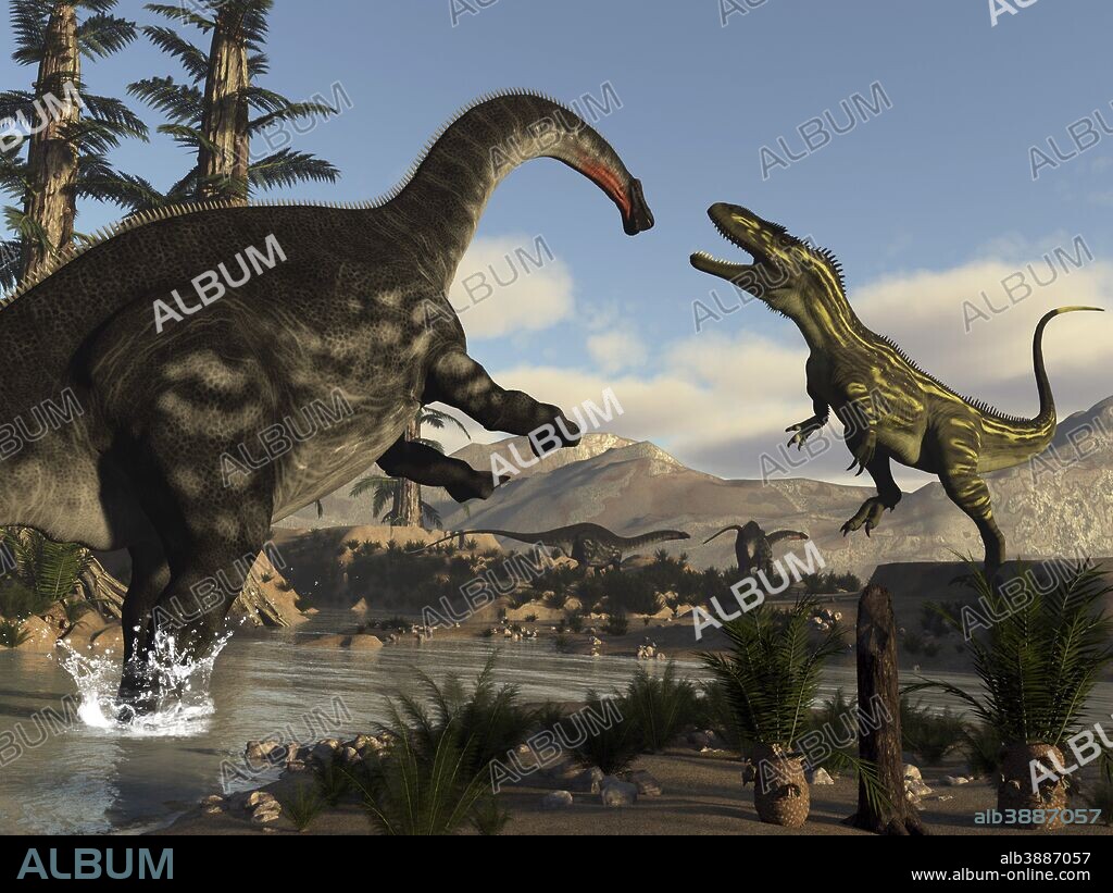 Torvosaurus dinosaur fighting an Apatosaurus.