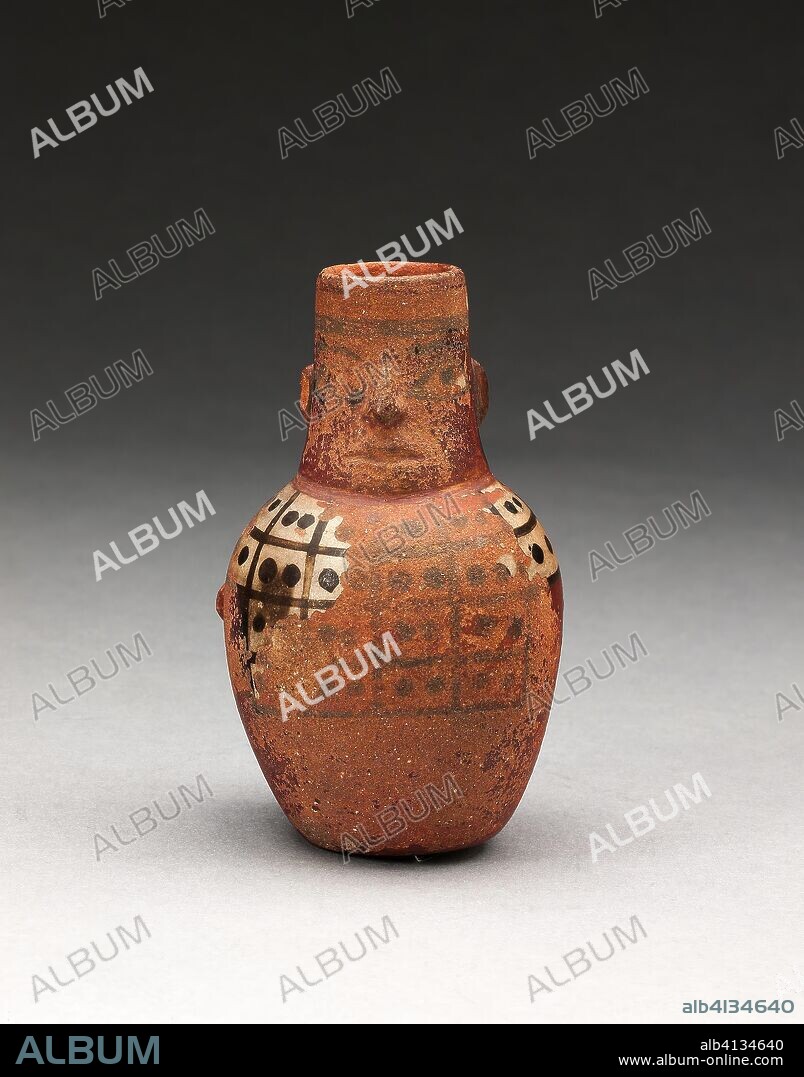 Miniature Jar in the Form of a Figure Wearing a Tunic. Tiwanaku-Wari; South coast Peru or northern Bolivia. Date: 600 AD-1000. Dimensions: 9.5 × 5.7 cm (3 3/4 × 2 1/4 in.). Ceramic and pigment. Origin: Bolivia.