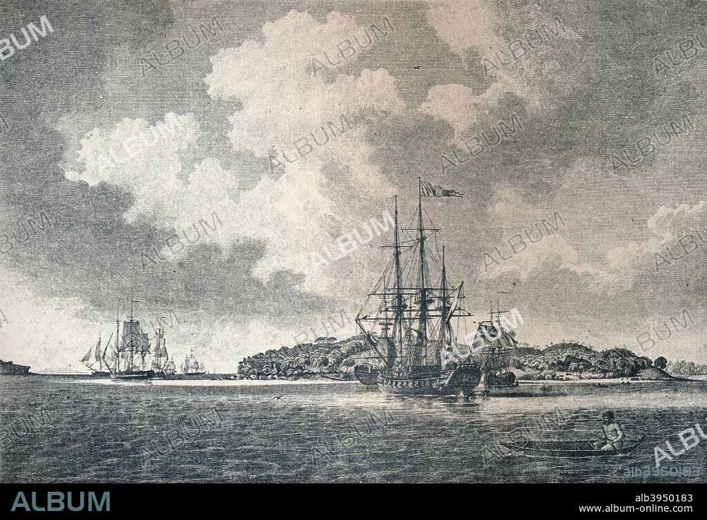 'A View of Botany Bay', 1789. The 'Supply' and 'Sirius' bringing in the first convict transports into Botany Bay, New South Wales, in 1787. From Adventures By Sea From Art of Old Time, by Basil Lubbock. [The Studio Ltd., London, 1925].