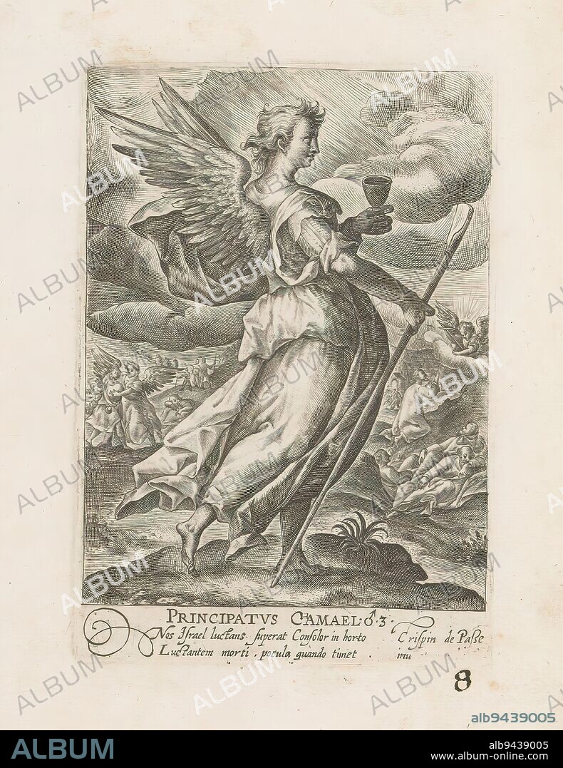 Archangel Chamuel, Principatus Camael (title on object), Archangels and other angels (series title), Deus Pater ex quo Omnia Angeli (series title on object), Archangel Chamuel with staff and chalice. In the background left, Chamuel supports pilgrims. In the background right, Christ prays in the Garden of Olives. Numbered in the indorsement: 3. In this album, part of a series of twelve representations of archangels and other angels. Part of an album of mainly Christian representations., print maker: Crispijn van de Passe (I), after own design by: Crispijn van de Passe (I), (mentioned on object), publisher: Gerard Valck, 1585 - 1637 and/or 1670 - 1726, paper, engraving, height 145 mm × width 101 mm, height 298 mm × width 182 mm.