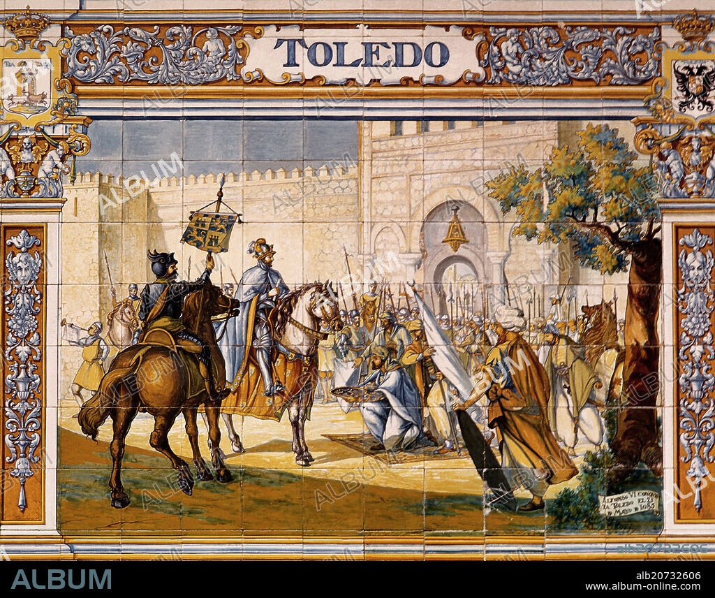 REPRESENTACION DE TOLEDO - LA CONQUISTA DE TOLEDO POR ALFONSO VI EN EL AÑO 1085 A LOS MUSULMANES - AZULEJOS DE LA PLAZA DE ESPAÑA DE SEVILLA.