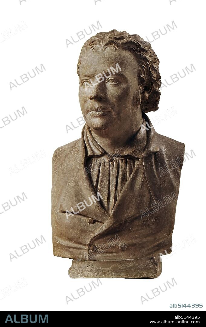 Johann Gottfried Schadow, portrait bust of the court tailor Daniel Gottlieb Keilpflug (1752-1818), plaster, cast, Total: Height: 59.00 cm; Width: 33.00 cm; Depth: 28.50 cm, Sculptures, Sculptures/Applied and fine arts, small sculptures, Daniel Gottlieb Keilpflug, Classicism, Daniel Gottlieb Keilpflug (1752-1818) presents himself as a free and self-confident artist, who was probably the royal court tailor in the service of King Friedrich Wilhelm III. (1770-1840) in Berlin. Since the Age of Enlightenment, this was due to a tradesman who had come to office and dignity. The sculpture by the court sculptor Johann Gottfried Schadow radiates an extraordinary vitality and freshness. The plaster bust comes from the Keilpflug family and can be seen as an independent work of art. It was certainly intended to remain in this inexpensive material and was not intended for further execution in marble.