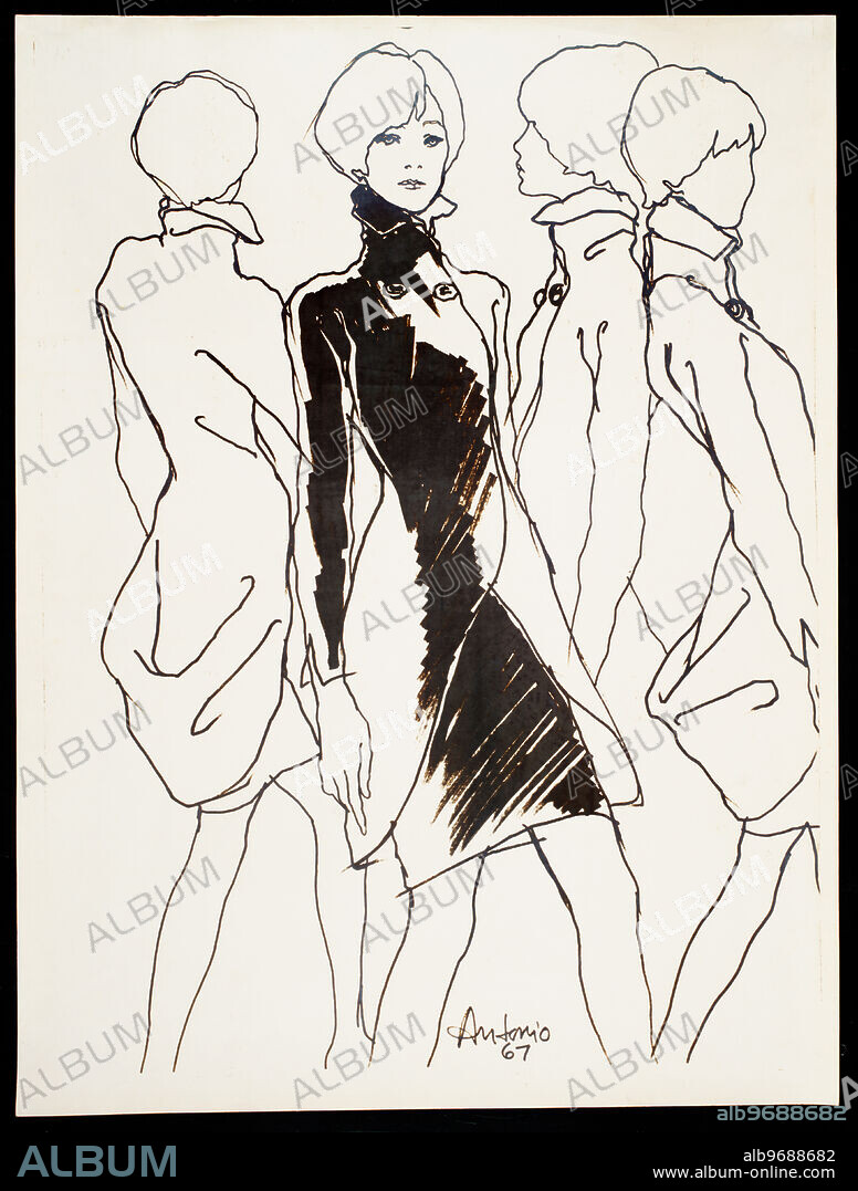 Costume design drawing of wrap coat with two button neckline closure, three quarter length sleeves, and standing pointed collar. Fashion design by Charles James. Illustration by Antonio Lopez.