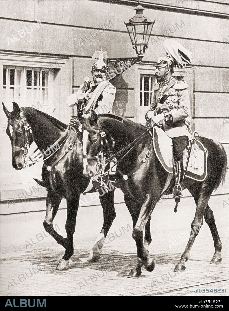 King George V and Kaiser Wilhelm II leaving Potsdam to attend a review of the troops in 1913. George V, 1865 to 1936. King of England and Emperor of India. Wilhelm II, 1859 to 1941. German Emperor and King of Prussia. From The Story of 25 Eventful Years in Pictures published 1935.