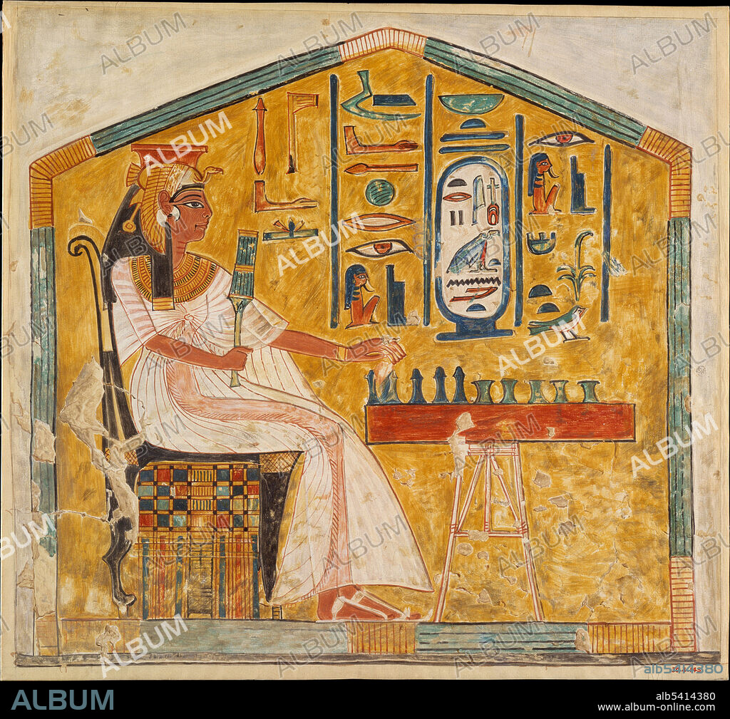 Egyptian tomb scene, illustration. This scene shows Queen Nefertari playing the board game senet, as depicted on the walls of the tomb of Nefertari. It dates from the New Kingdom (Dynasty 19), during the reign of Ramesses II, in around 1279-1213 BC. This tomb is in the Valley of the Queens, Thebes, Upper Egypt. Nefertari was the Great Royal Wife, or principal queen, of Ramesses II. The queen sits in front of a table playing a game of senet again an invisible opponent. This was a popular game in life, but when represented in a tomb, as here, it has symbolic meaning. The word senet means 'passing' and the game was seen as a parallel to the journey into the afterlife and the obstacles one had to overcome on the way. Nefertari wears an elaborately pleated and fringed gown of sheer linen. She also wears a gold bracelet, a broad collar, and what are probably silver earrings. On her head is the vulture headdress of a queen. This illustration (tempera on paper) was produced in 1921-22 by Egyptologist Nina de Garis Davies (1881-1965) on an expedition for the Metropolitan Museum of Art.