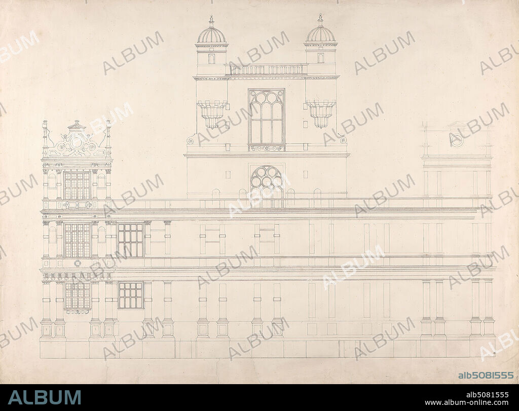 Wollaton Hall, Nottingham: Elevation, Studio of Sir Jeffry Wyatville, 17661840, British, ca. 1801, Graphite, pen and black ink, watercolor on slightly textured, moderately thick, cream wove paper, Sheet: 20 5/8 × 27 5/8 inches (52.4 × 70.2 cm), architectural subject.