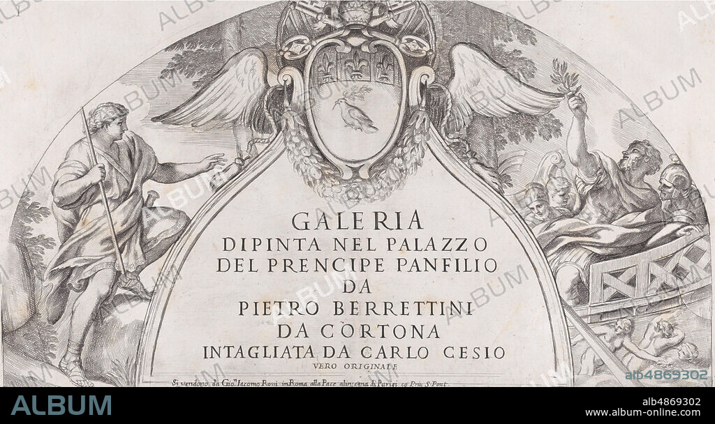 CARLO CESI. Title page to 'Galleria Dipinta nel Palazzo del Prencipe Panfilio' after the ceiling frescoes by Pietro da Cortona depicting the history of Aeneas in the Palazzo Pamphili, Rome, ca. 1661.