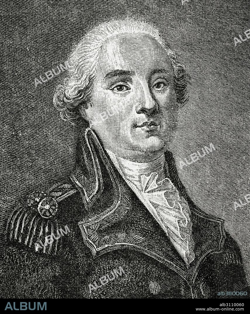 Jacques-François Menou (1750-1810). Estadista francés de la Revolución Francesa y general durante las Guerras Revolucionarias Francesas. Grabado del siglo XIX. Historia de Francia, 1881.